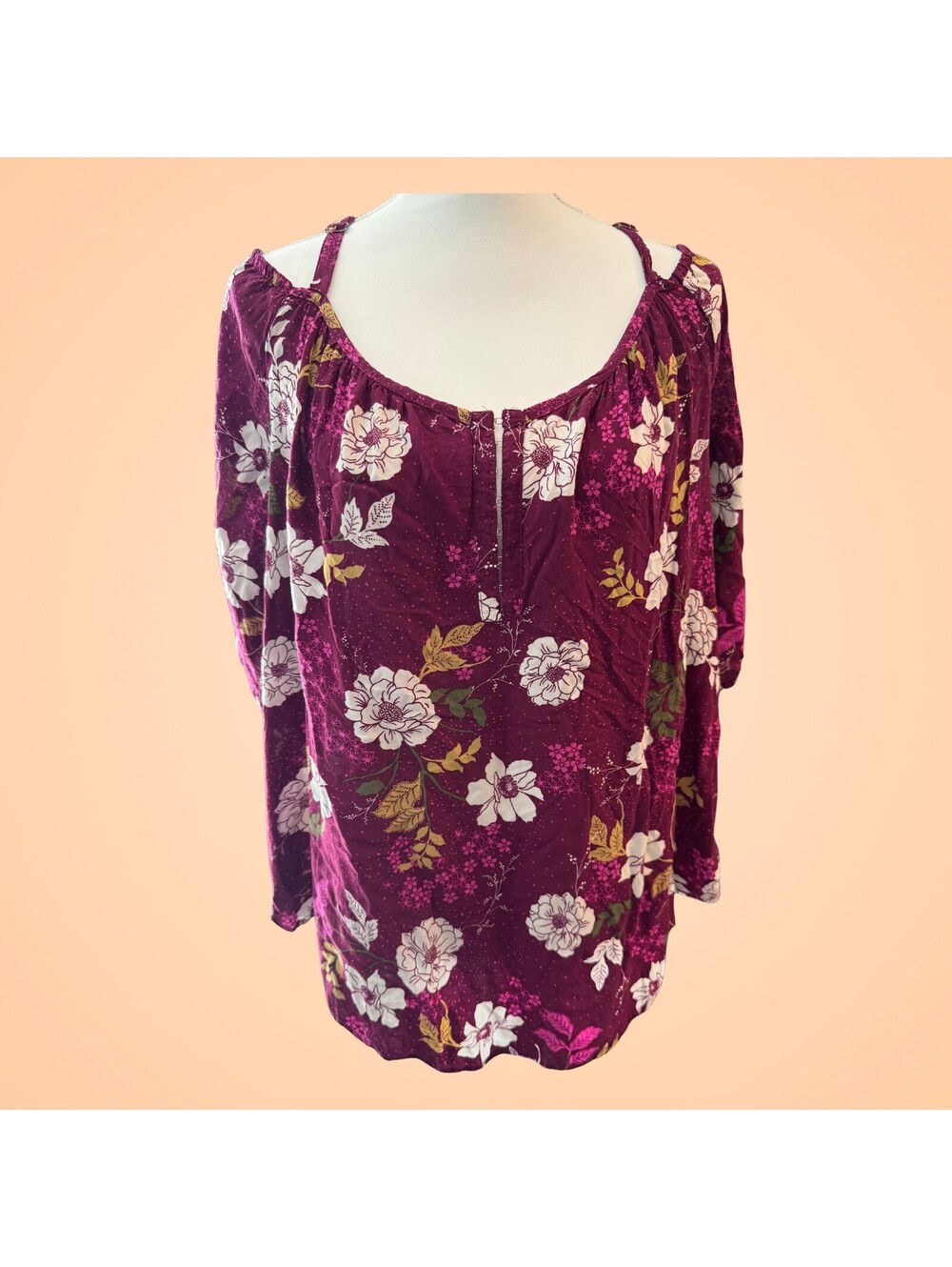 Torrid Womens Size 2 2X Burgundy Floral Cold Shoulder Blouse 3/4 Sleeve Boho